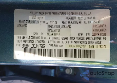 2018 Mazda Mazda3 Touring from USA, damaged, VIN 3MZBN1L30JM179691